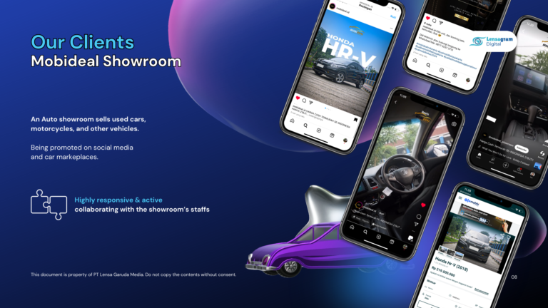 Lensagram Digital menampilkan kliennya, Mobideal Showroom, sebuah showroom otomotif yang menjual mobil bekas, sepeda motor, dan kendaraan lainnya. Gambar menunjukkan promosi di media sosial dan marketplace mobil, dengan tampilan unggahan Instagram dan marketplace yang menampilkan berbagai kendaraan.