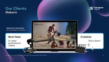 Halaman depan agensi pemasaran digital Lensagram Digital menampilkan logo 'iReborn'. Terdapat gambar laptop dengan video iklan produk iReborn, kamera profesional, dan papan cerita dengan tulisan 'Creative Story Board'. Bagian kiri bawah menyatakan hak cipta.