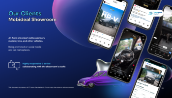 Lensagram Digital menampilkan kliennya, Mobideal Showroom, sebuah showroom otomotif yang menjual mobil bekas, sepeda motor, dan kendaraan lainnya. Gambar menunjukkan promosi di media sosial dan marketplace mobil, dengan tampilan unggahan Instagram dan marketplace yang menampilkan berbagai kendaraan.